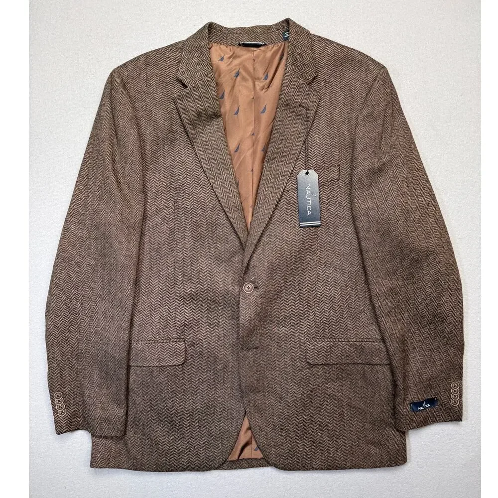 Nautica Men's Modern-Fit Solid Herringbone Tweed Sport Coat Brown 44L $295